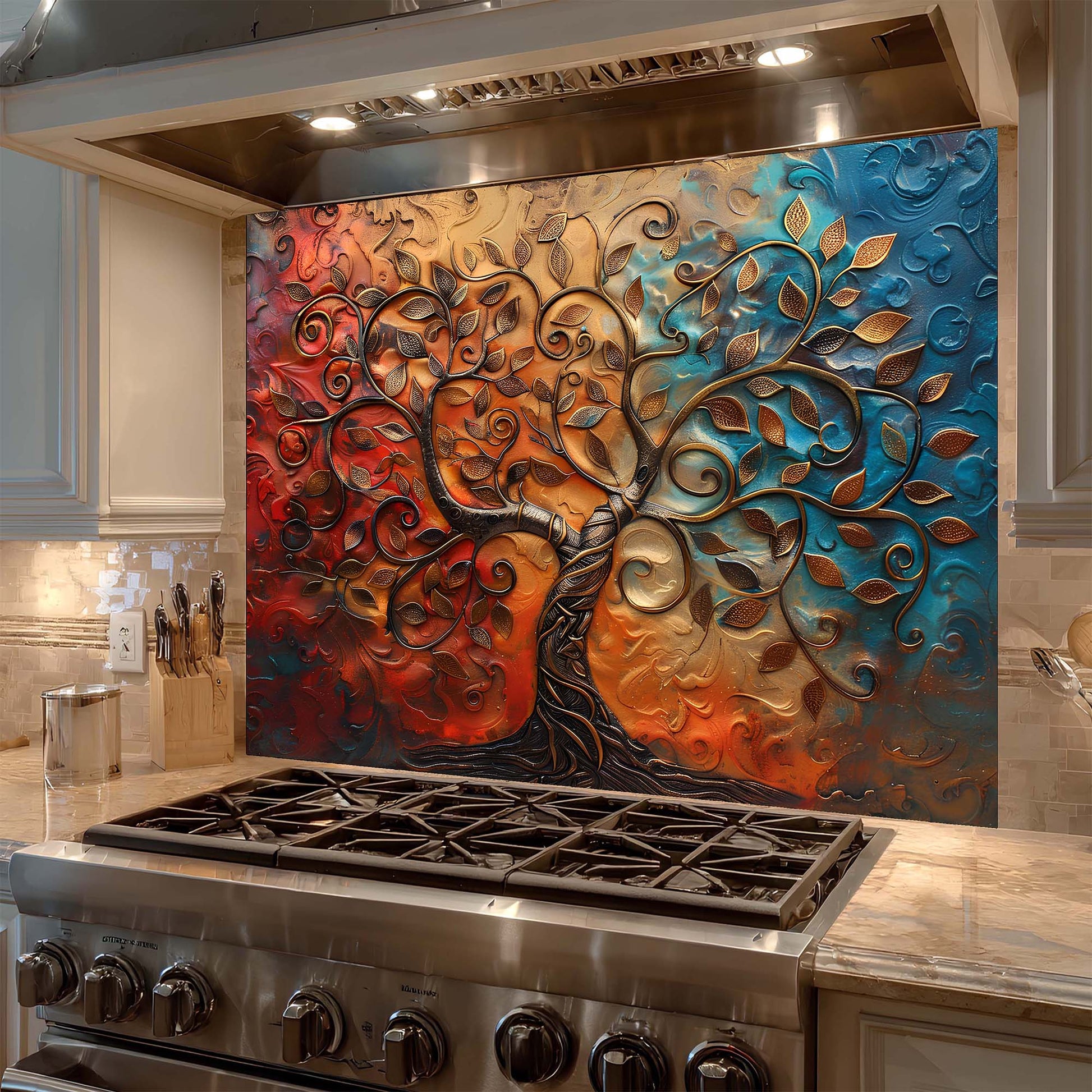 Decorative metal tree backsplash above a stove in a kitchen