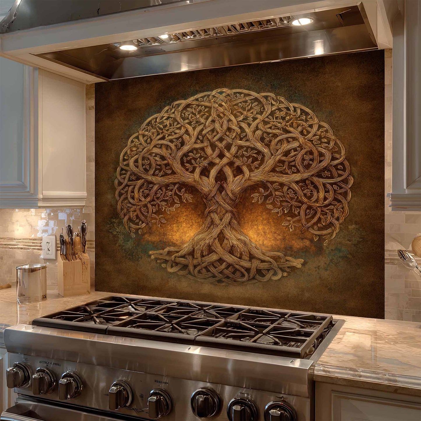 Decorative backsplash with tree design above a stove in a kitchen.