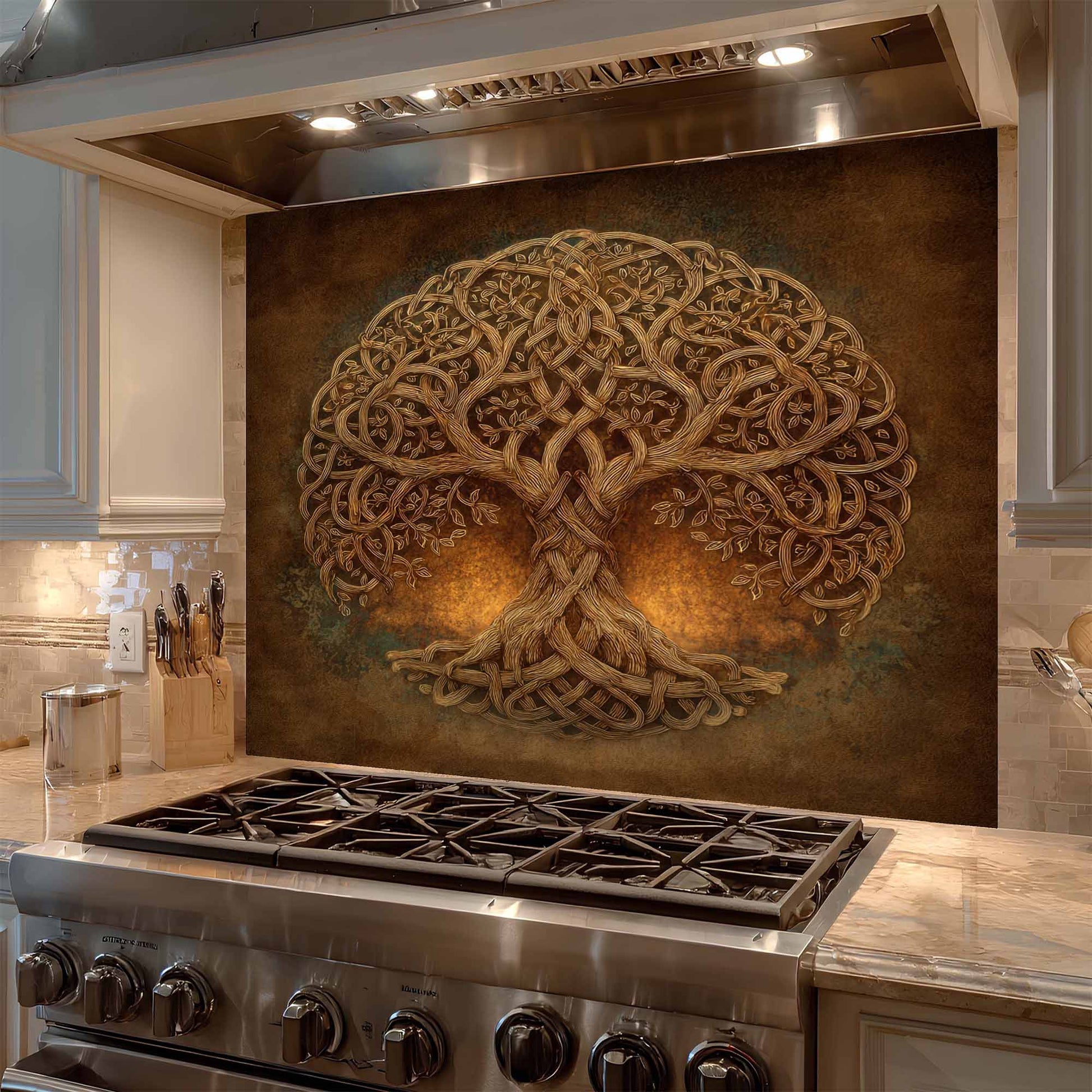 Decorative backsplash with tree design above a stove in a kitchen.