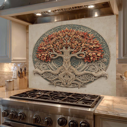 Decorative backsplash of a tree with autumn leaves above a stove in a kitchen.