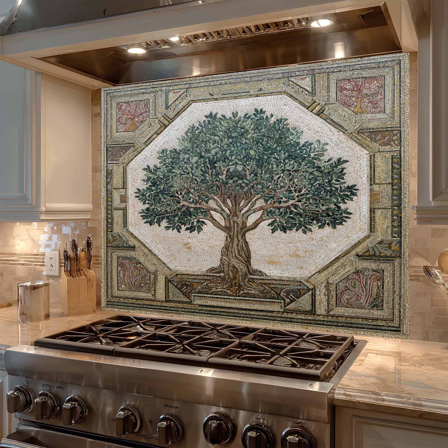 Decorative mosaic tile backsplash with a tree design above a stove in a kitchen.