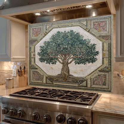Decorative mosaic tile backsplash with a tree design above a stove in a kitchen.