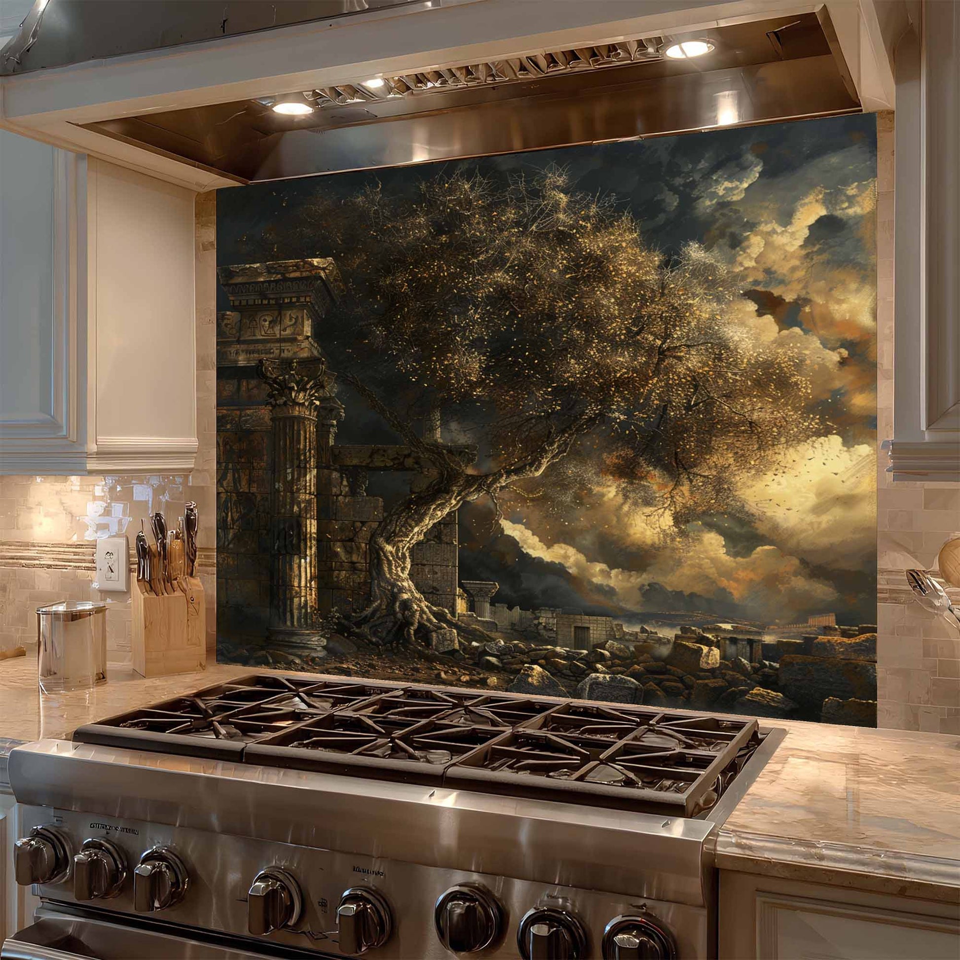 Stainless steel stove with artistic glass splashback in a kitchen setting