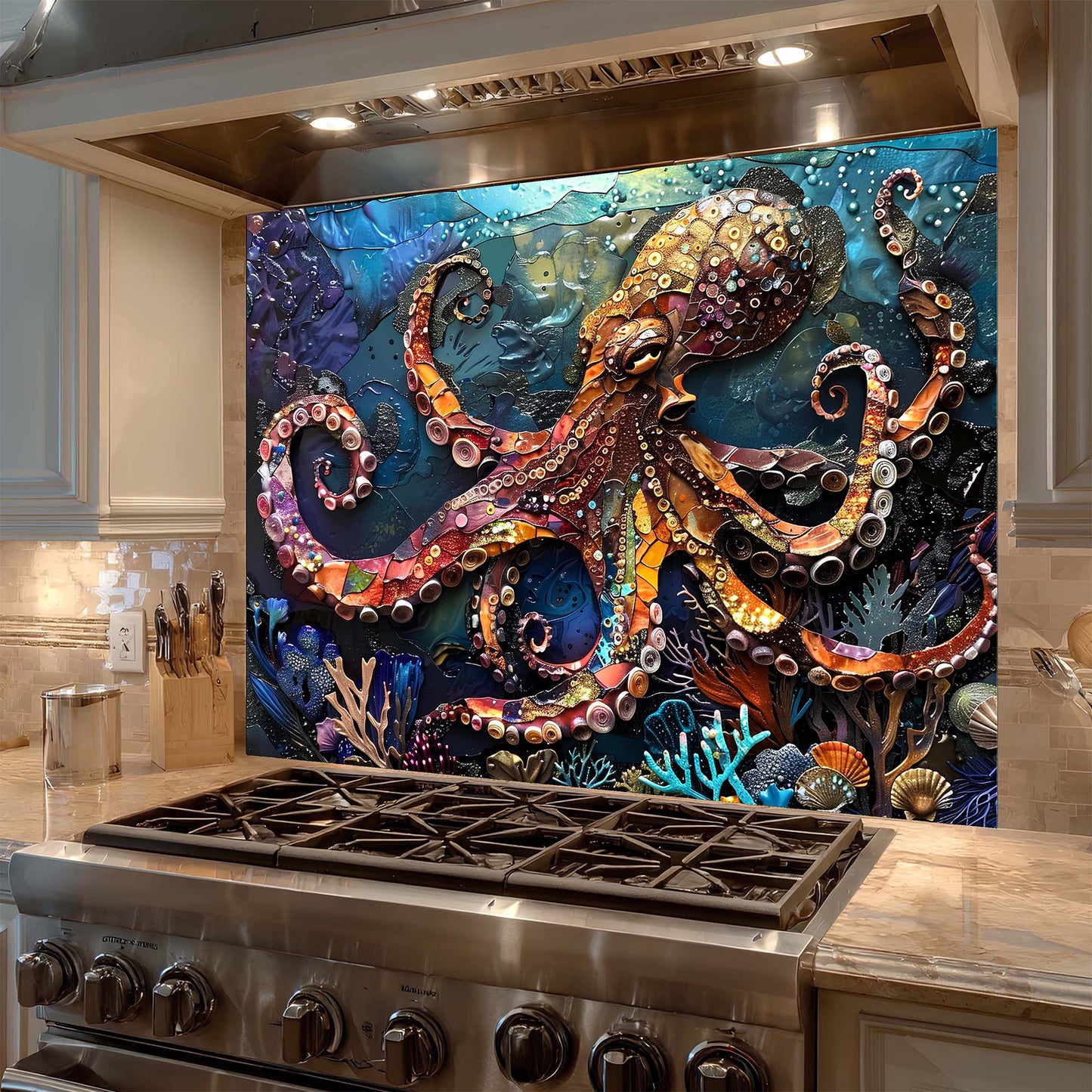 Colorful octopus artwork on a kitchen backsplash above a stove.