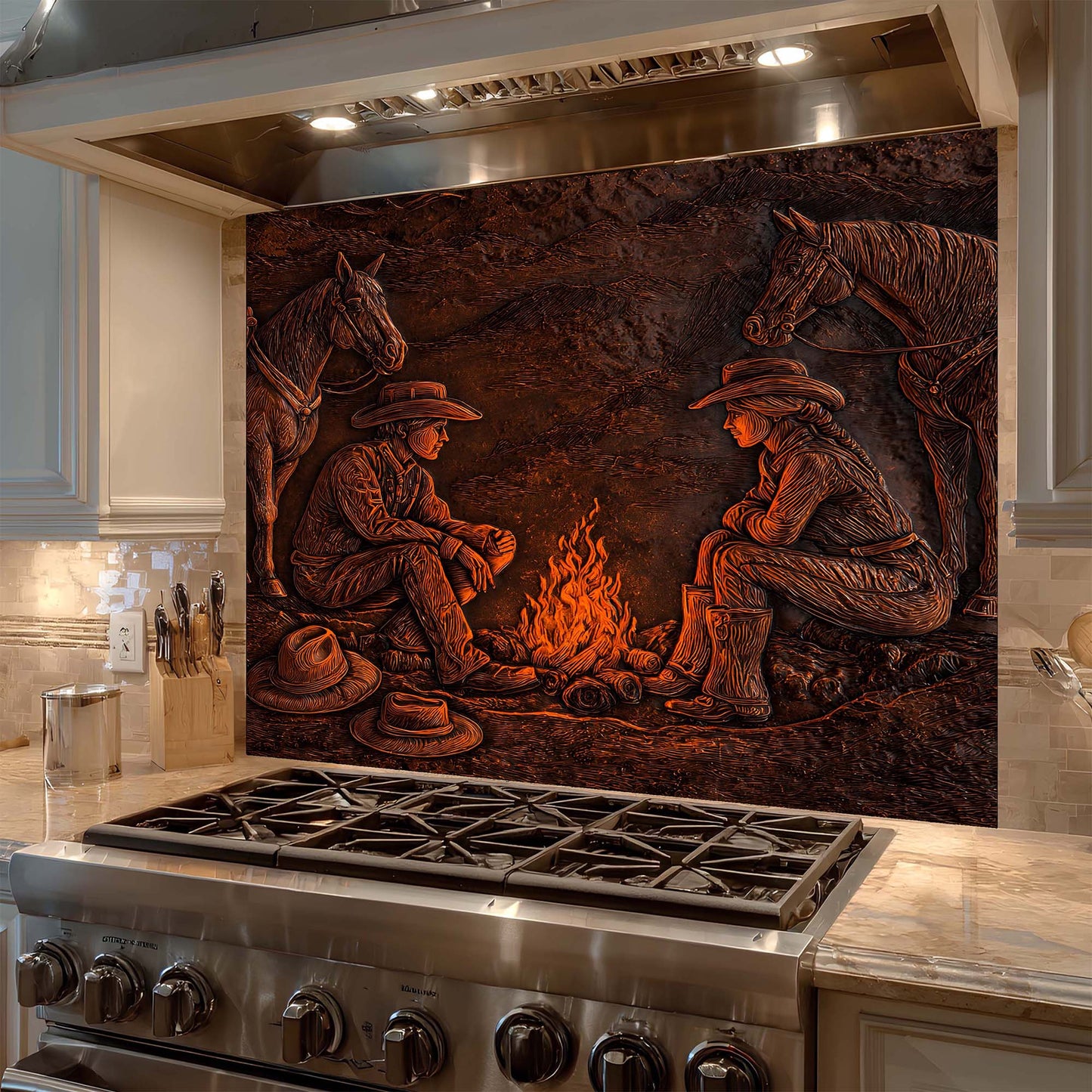 Decorative glass backsplash with cowboy and horse design above a stove in a kitchen.