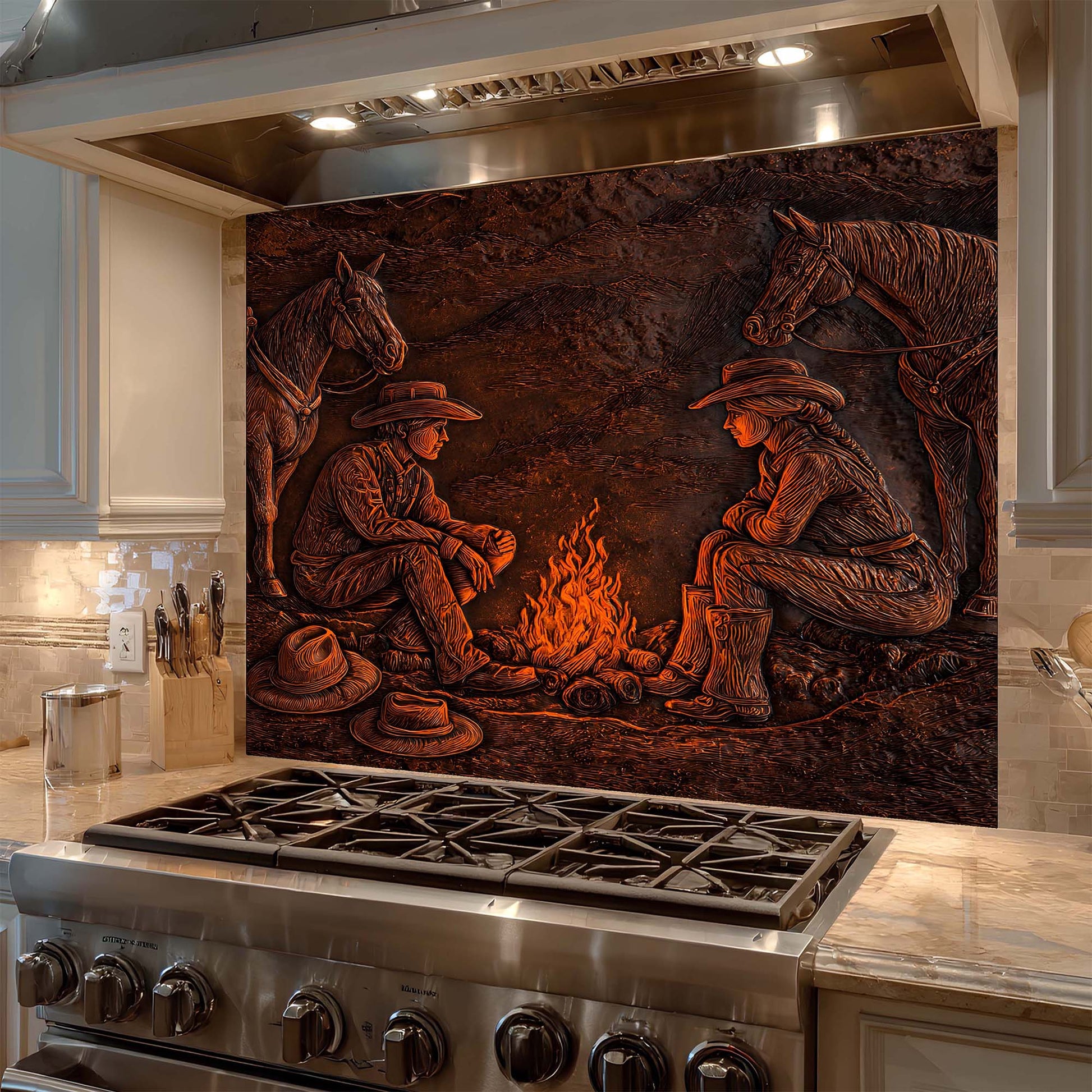 Decorative glass backsplash with cowboy and horse design above a stove in a kitchen.