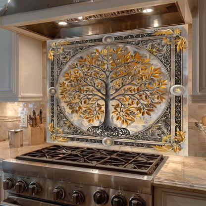 Decorative backsplash with a tree design above a stove in a kitchen.