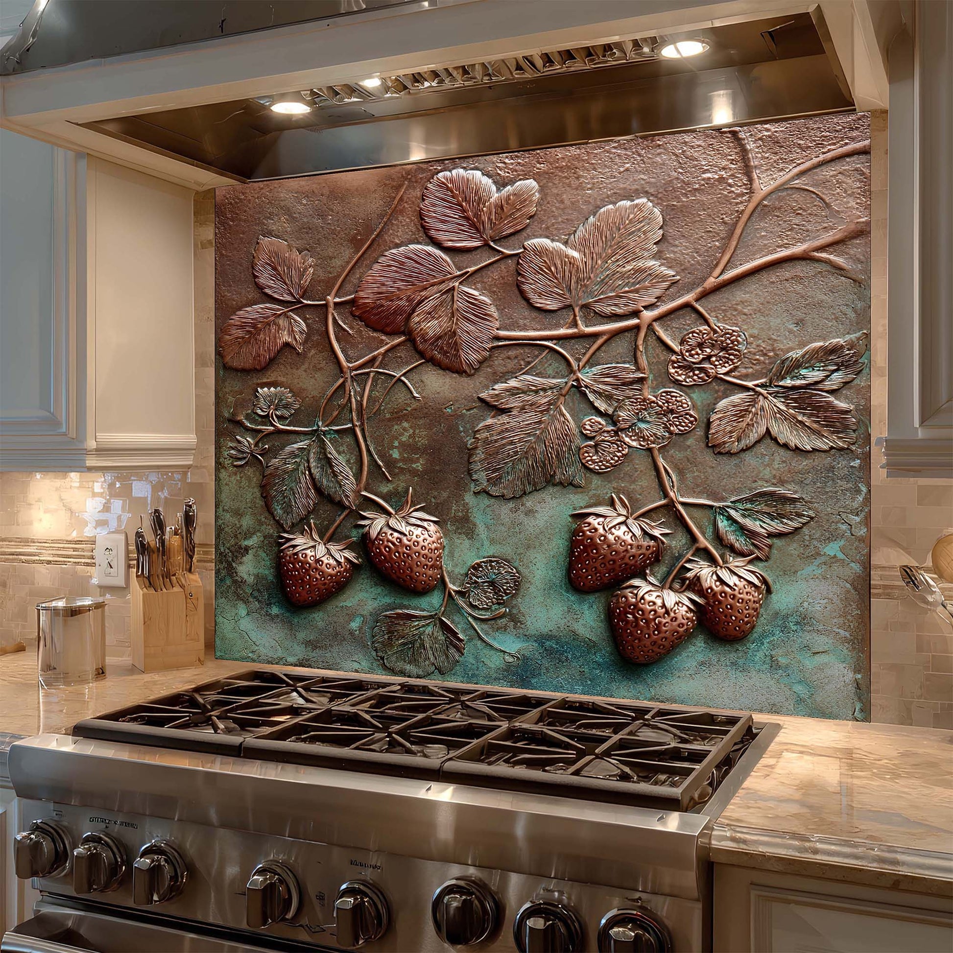 Decorative glass backsplash with strawberry design above a stove in a kitchen.