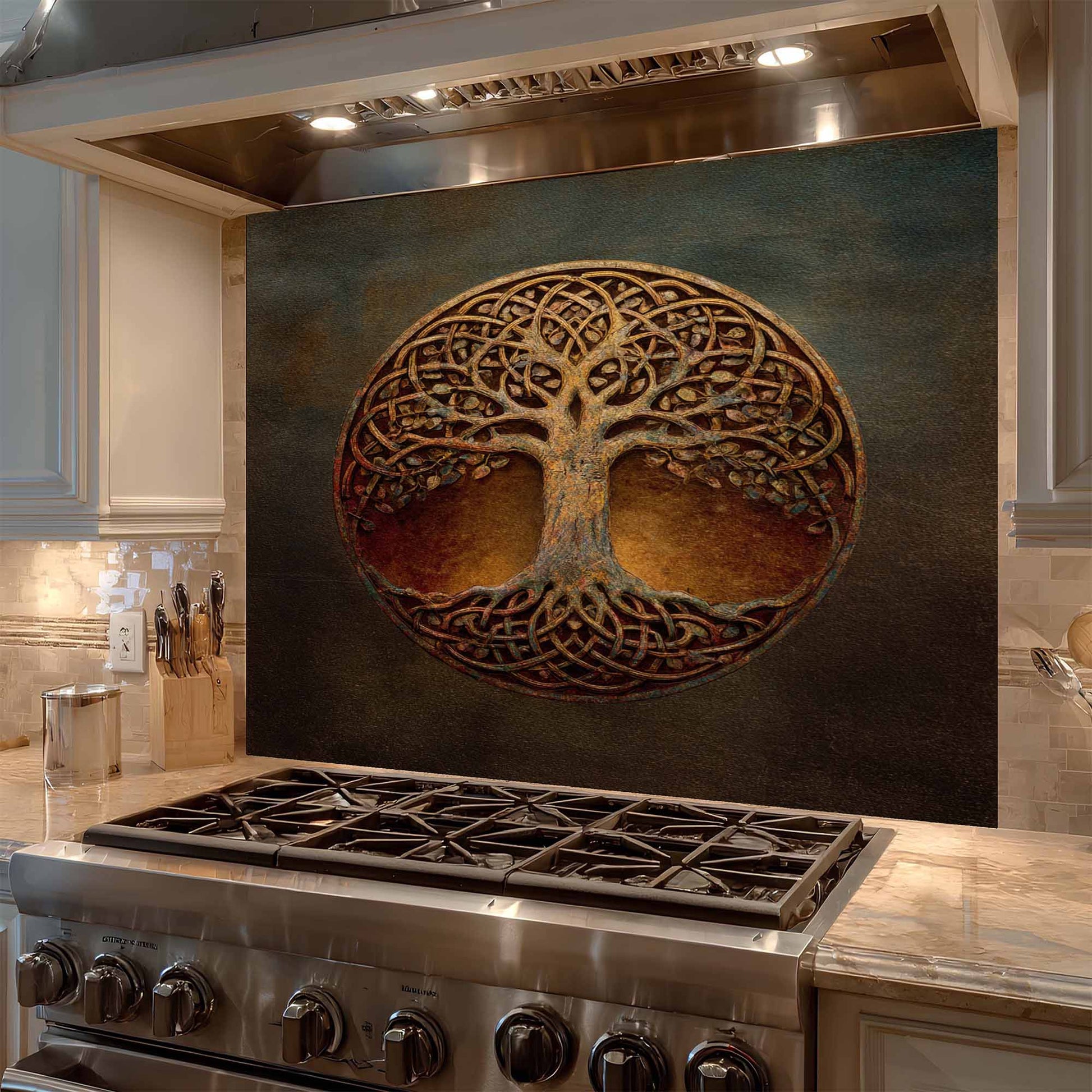 Stainless steel stove with decorative tree of life backsplash in a kitchen setting