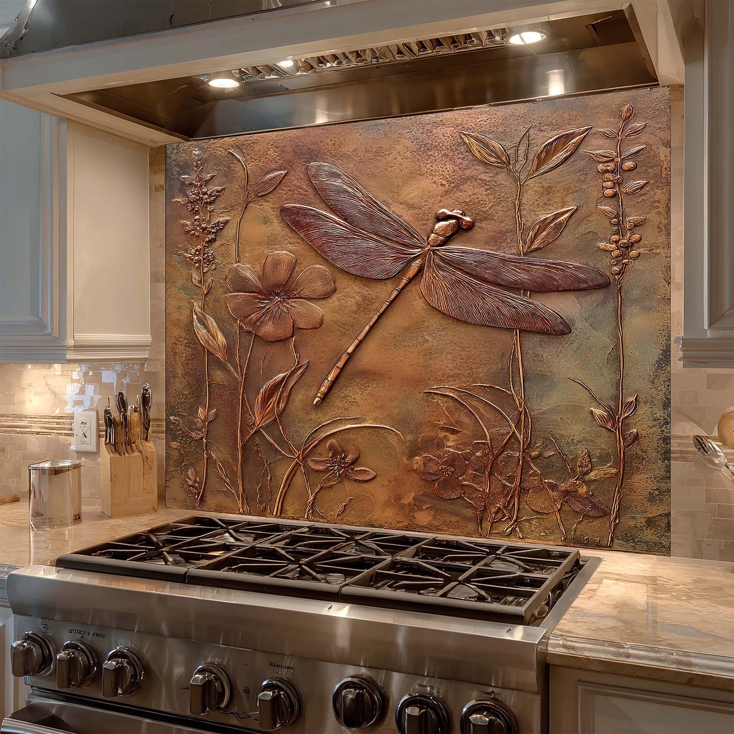 Decorative glass backsplash with dragonfly and floral design above a stove in a kitchen.
