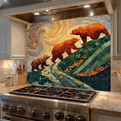 Kitchen with a mosaic glass backsplash featuring bears, above a stove.