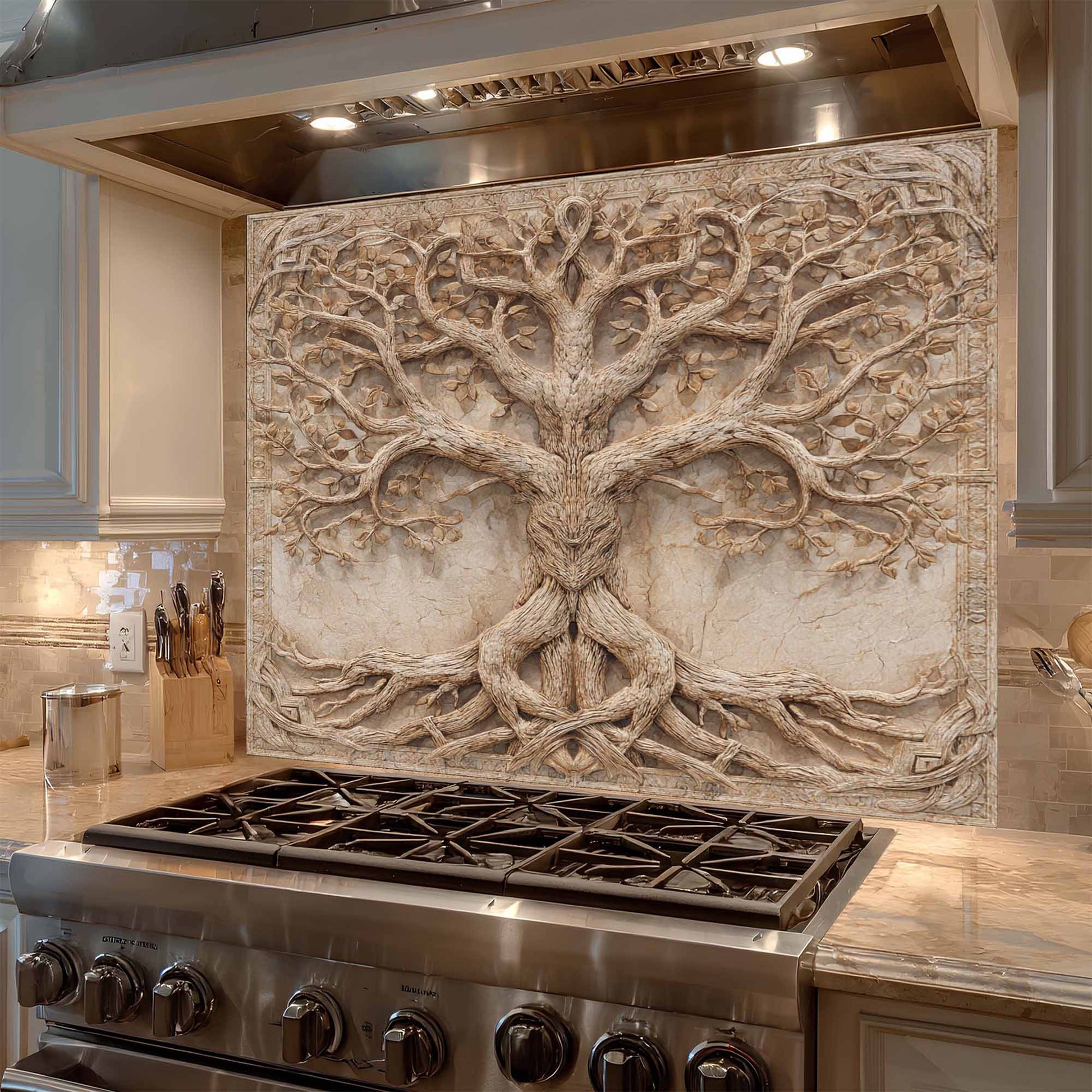 Decorative backsplash with tree design above a stove in a kitchen.