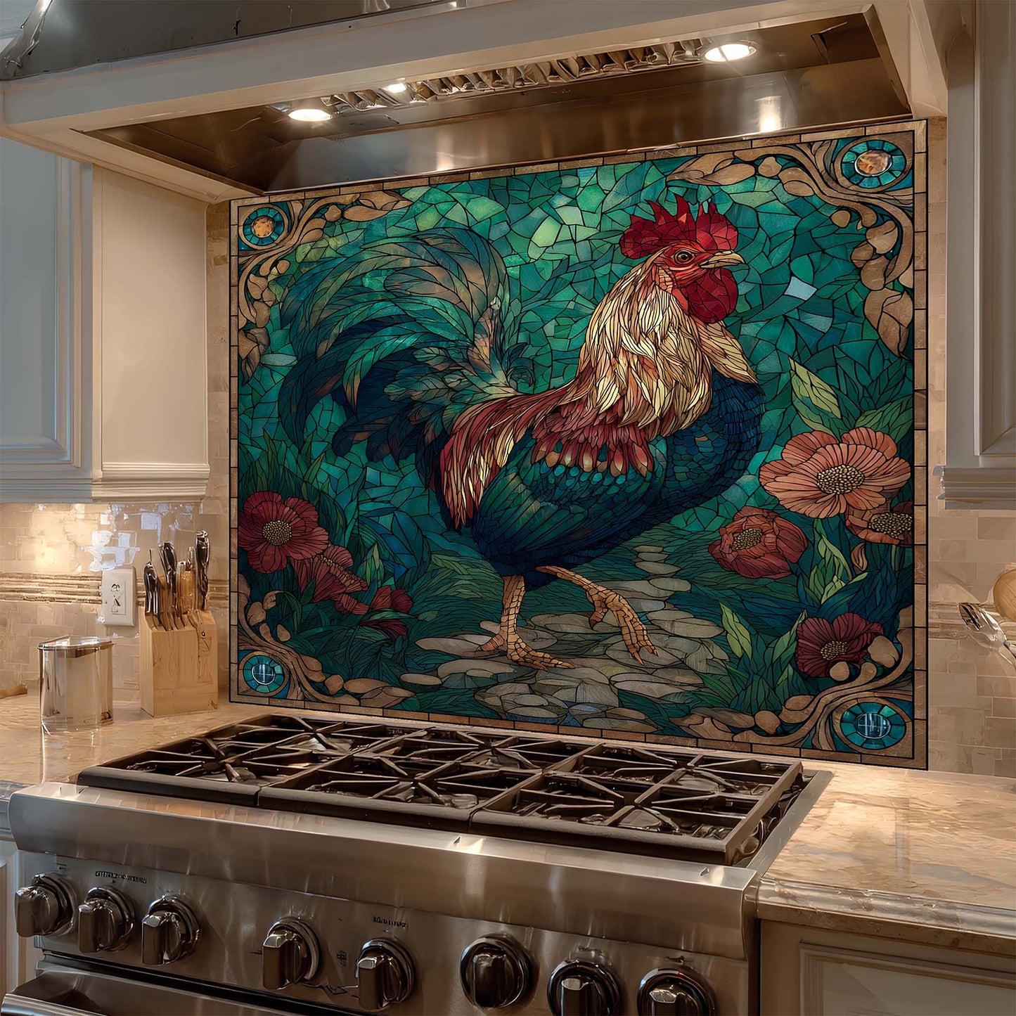 Decorative mosaic glass backsplash with a rooster design above a stove in a kitchen.