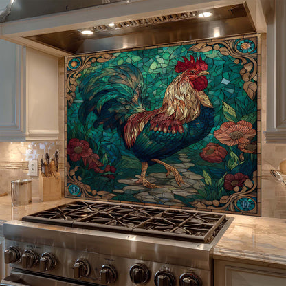Decorative mosaic glass backsplash with a rooster design above a stove in a kitchen.