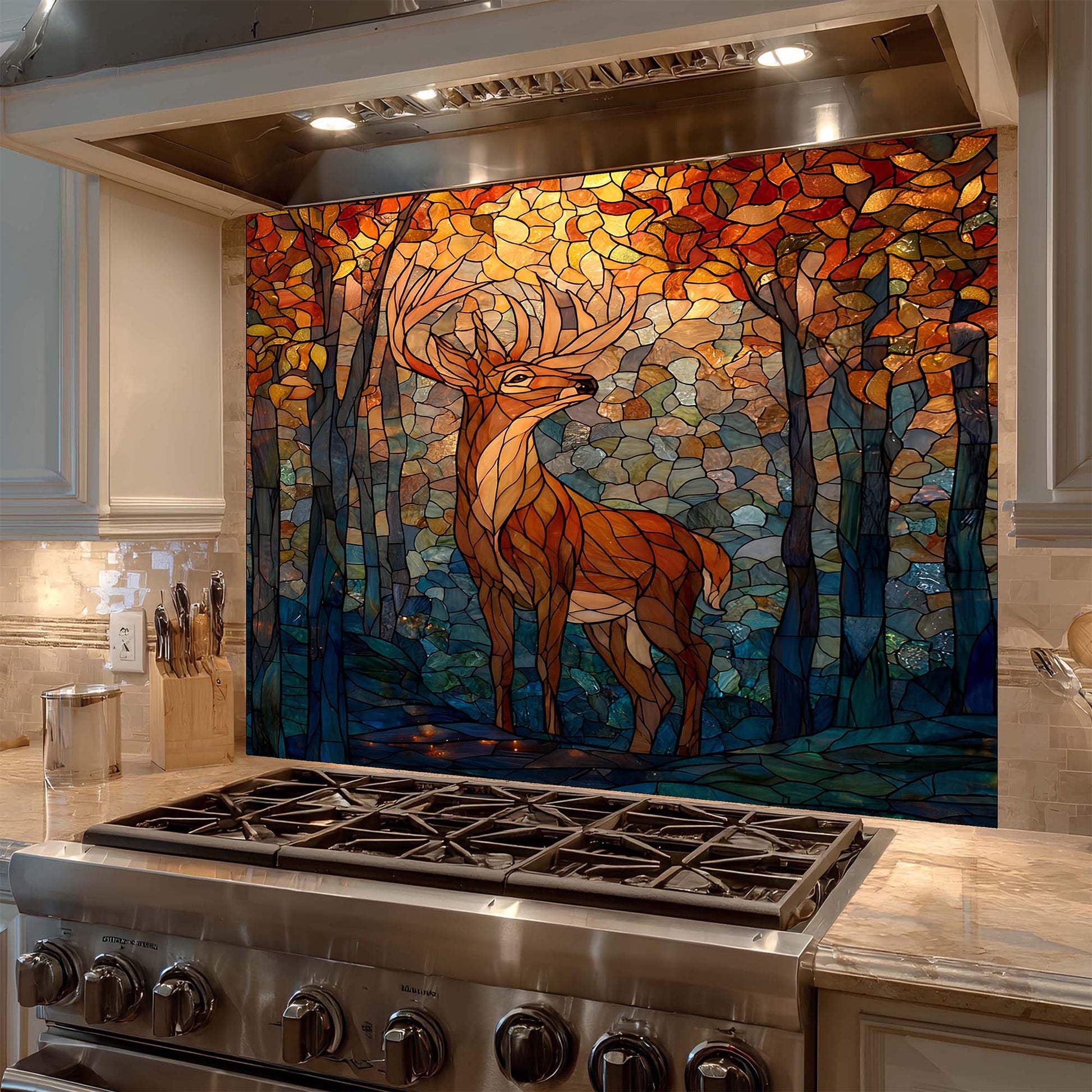 Kitchen with a decorative glass splashback featuring a deer in a forest design.