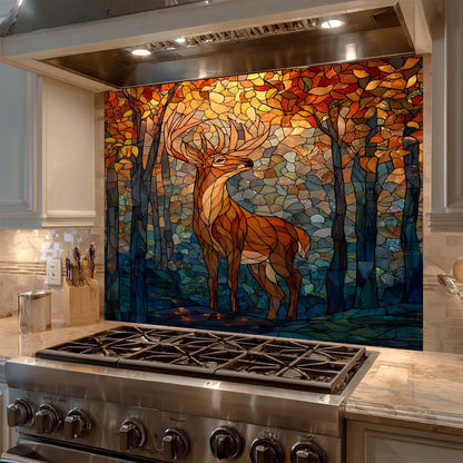Kitchen with a decorative glass splashback featuring a deer in a forest design.