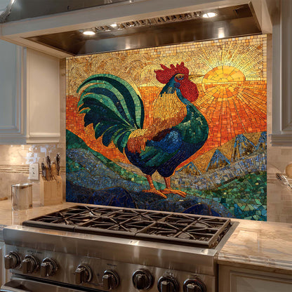 Golden sunrise rooster mosaic on tempered glass kitchen backsplash with blue and green waves