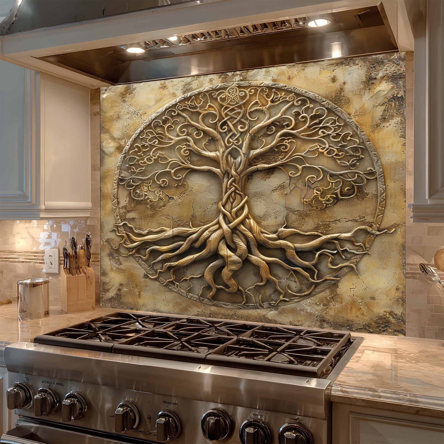 Golden Root Tempered Glass Backsplash – Tree of Life Kitchen Backsplash