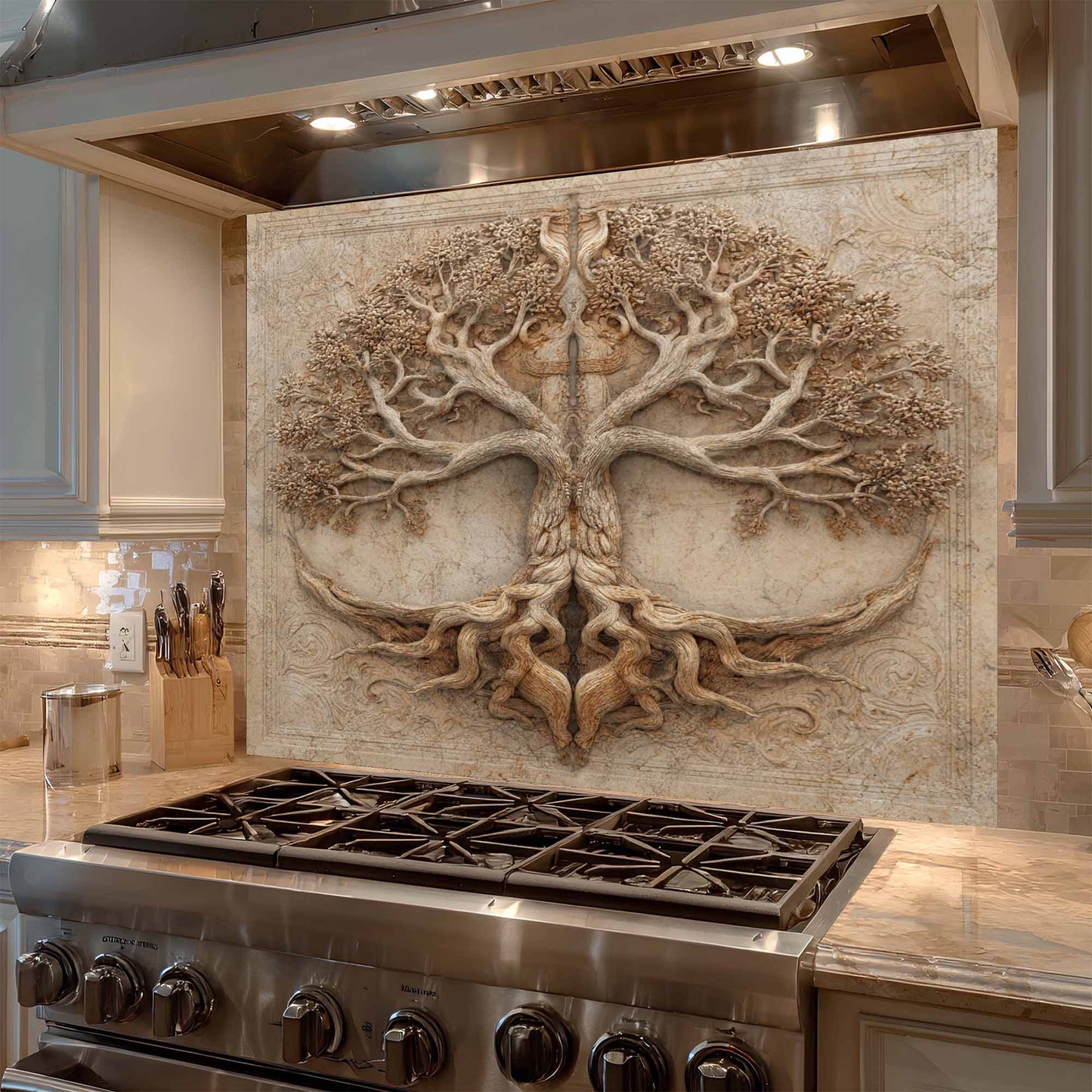 Decorative backsplash with tree design above a stove in a kitchen.