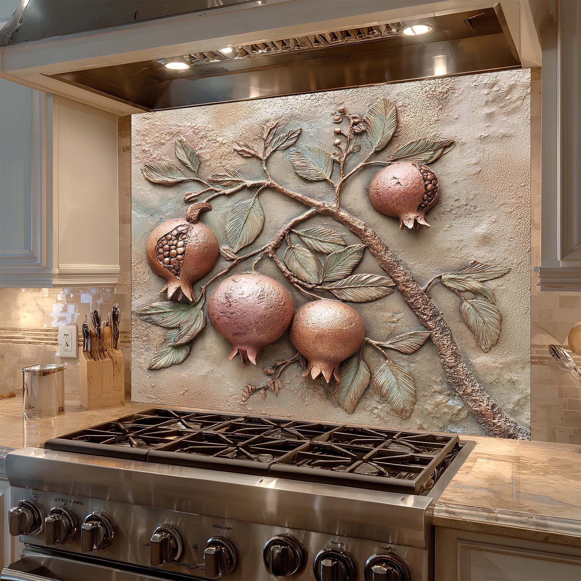 Decorative backsplash with pomegranate design above a stove in a kitchen.