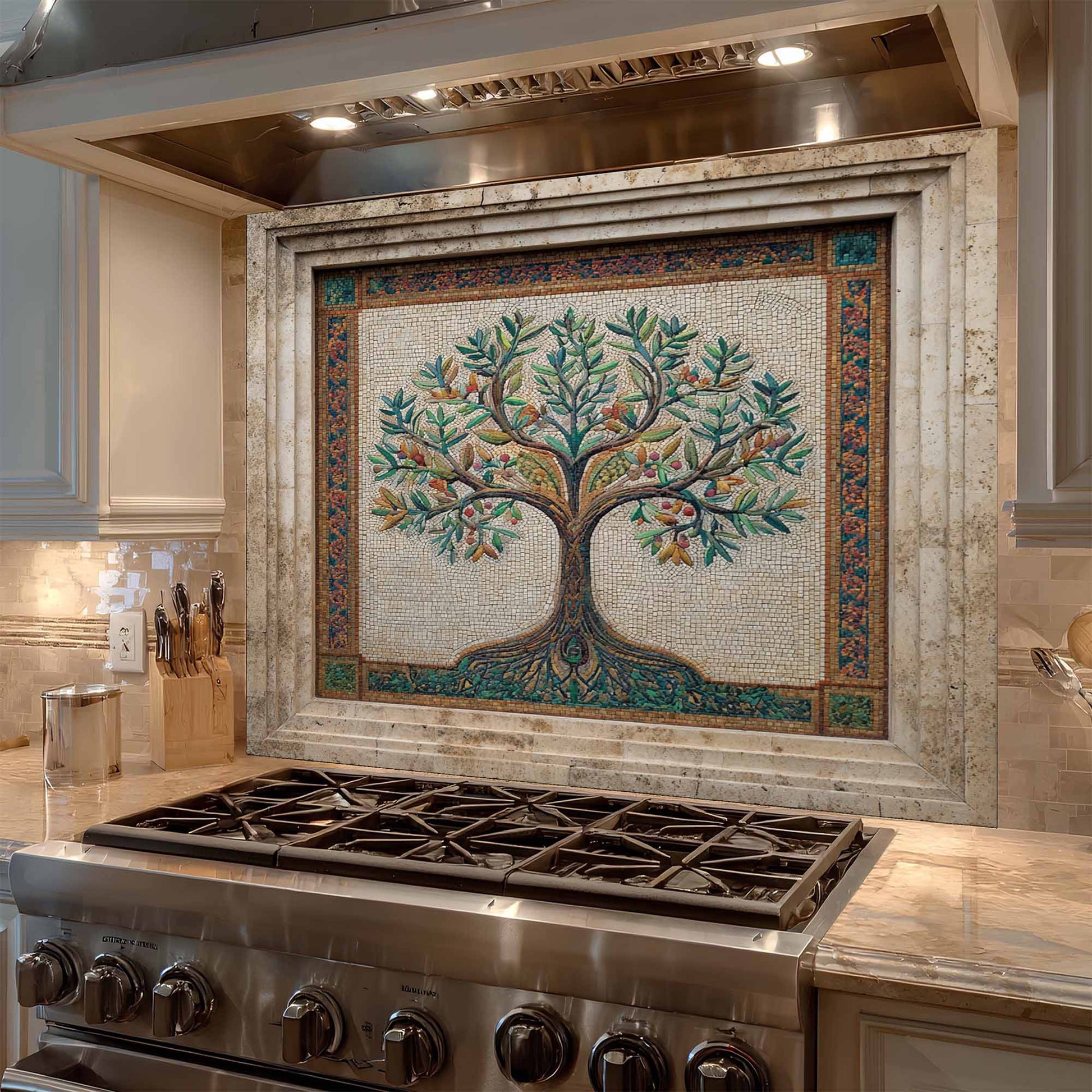 Kitchen with a decorative mosaic tree of life backsplash above a stove