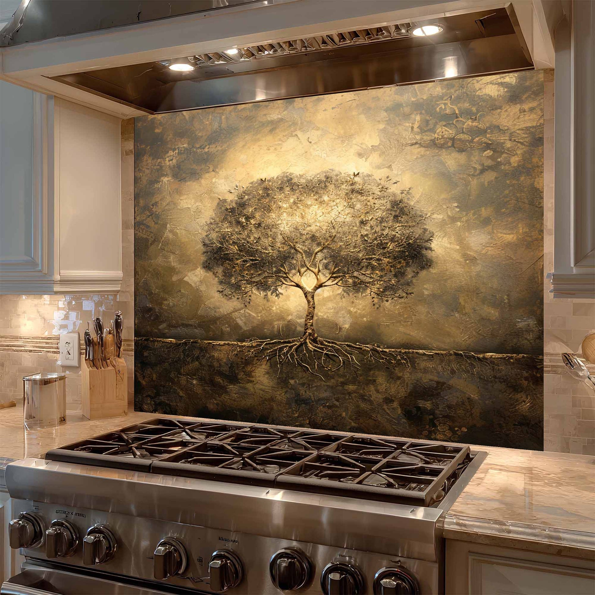 Stainless steel stove with artistic tree backsplash on the wall behind it in a kitchen setting.