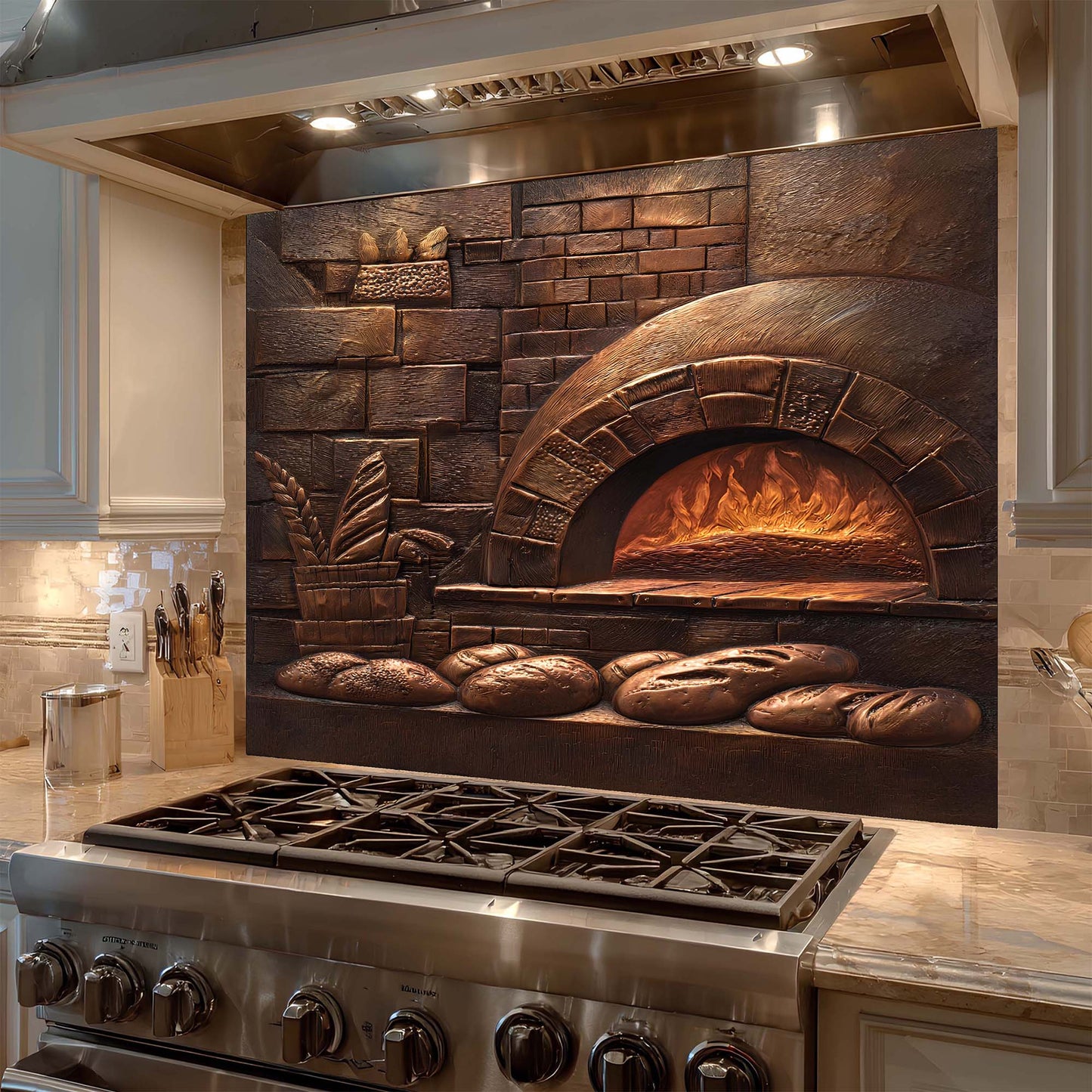 Kitchen backsplash with a stone oven and bread display