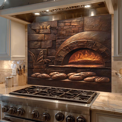 Kitchen backsplash with a stone oven and bread display