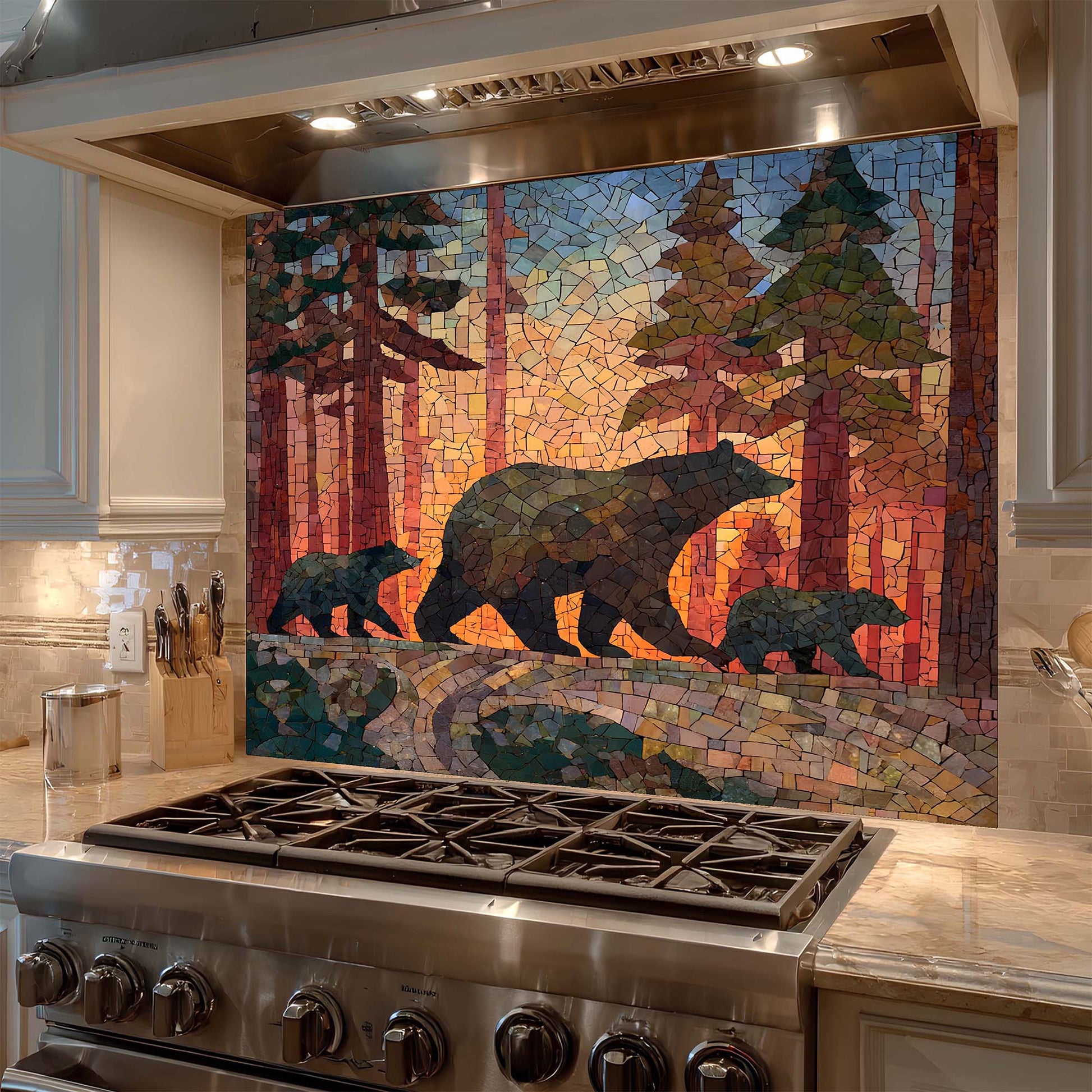 Stainless steel stove with a mosaic backsplash featuring bears and trees in a forest design.