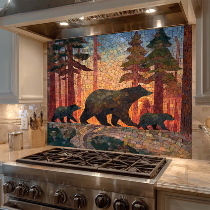 Stainless steel stove with a mosaic backsplash featuring bears and trees in a forest design.