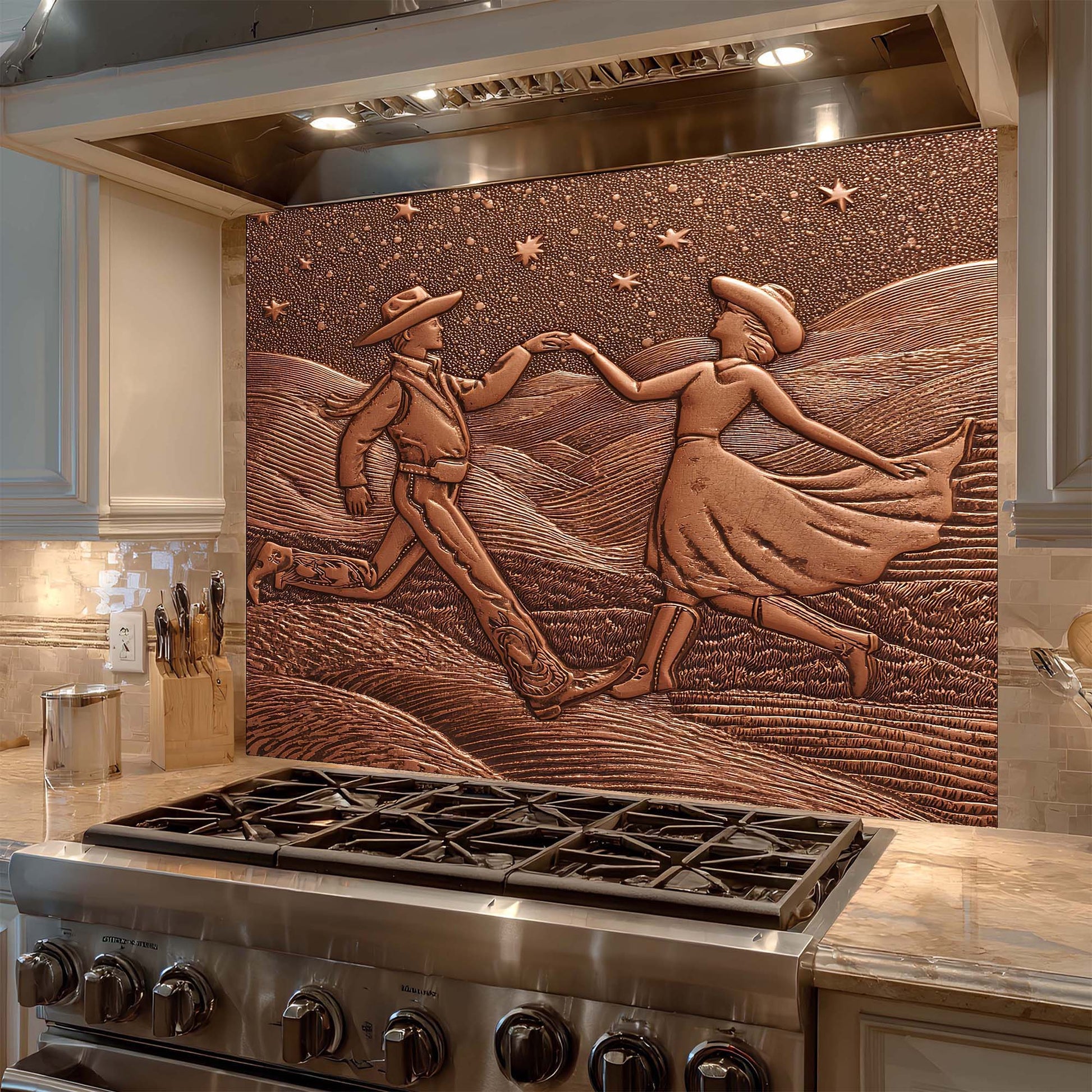 Decorative backsplash with a couple dancing in a field design above a stove in a kitchen.