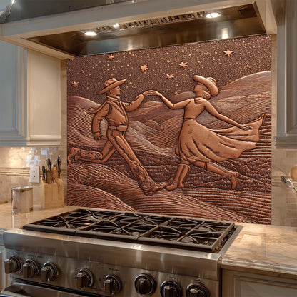 Decorative backsplash with a couple dancing in a field design above a stove in a kitchen.