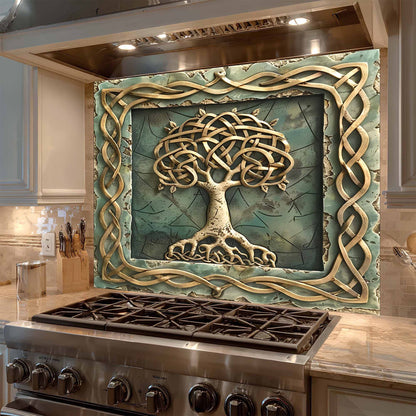 Decorative backsplash with a tree design above a stove in a kitchen.