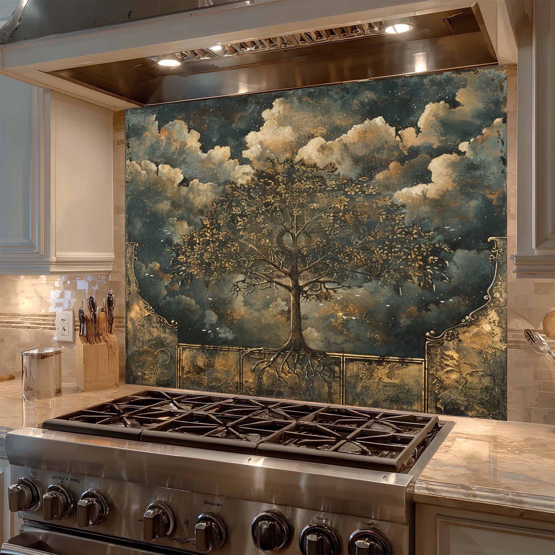Kitchen with a tempered glass backsplash featuring a tree and clouds above a stove.