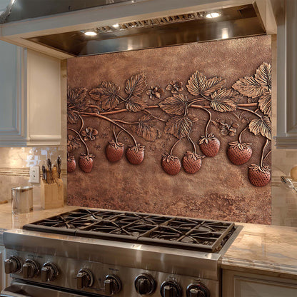 Kitchen with decorative glass backsplash featuring strawberry design.
