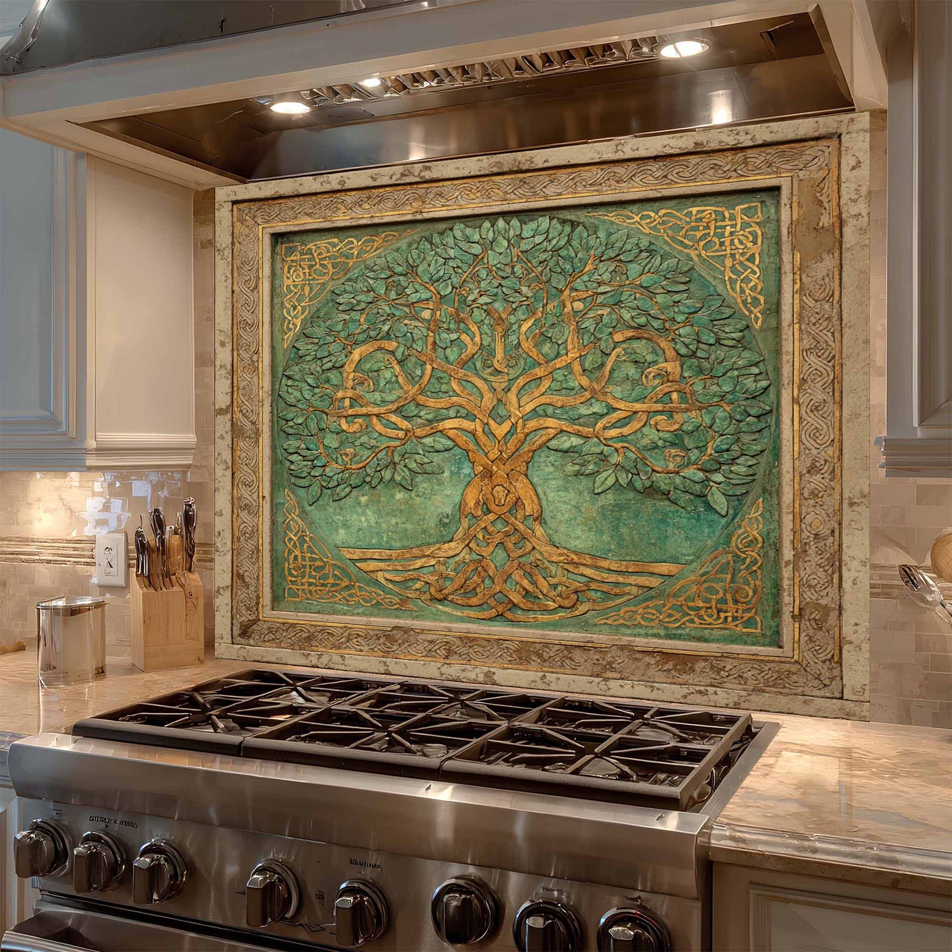 Decorative backsplash of a tree with intricate designs above a stove in a kitchen.