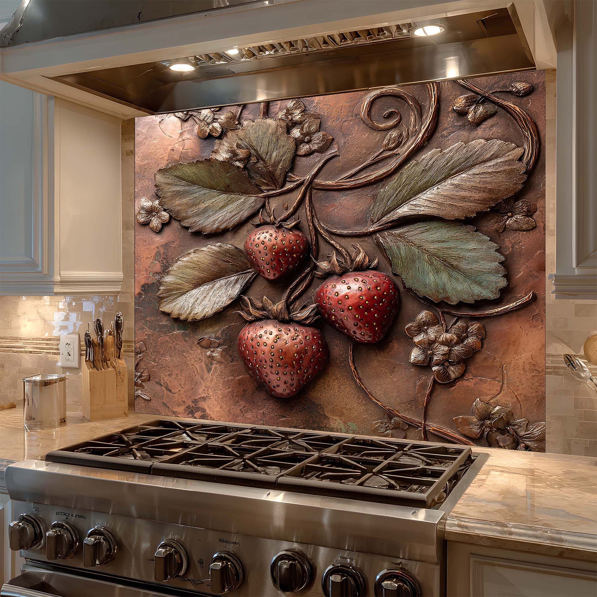 Decorative glass backsplash with strawberry design above a stove in a kitchen.