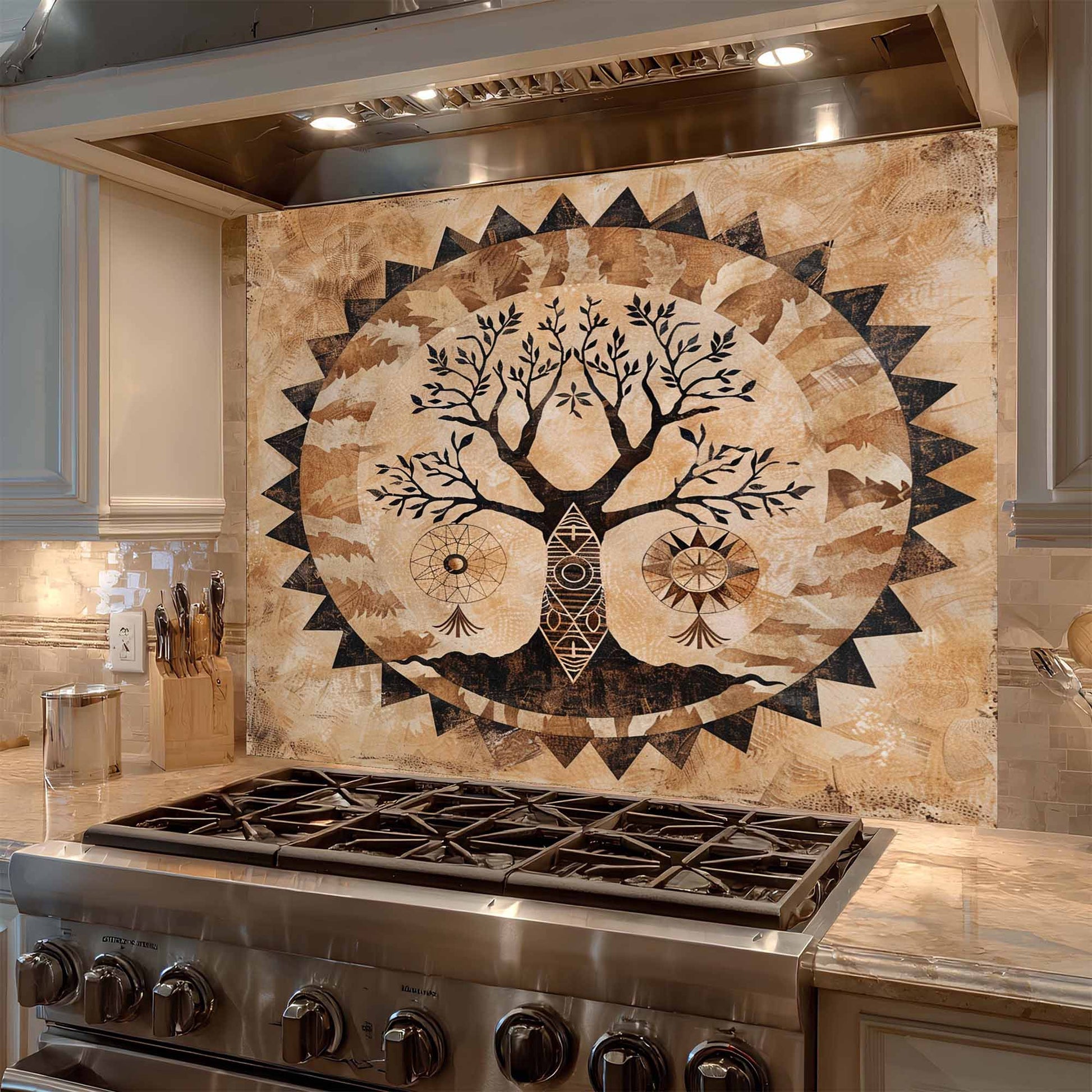 Kitchen with a decorative glass backsplash featuring a tree design.
