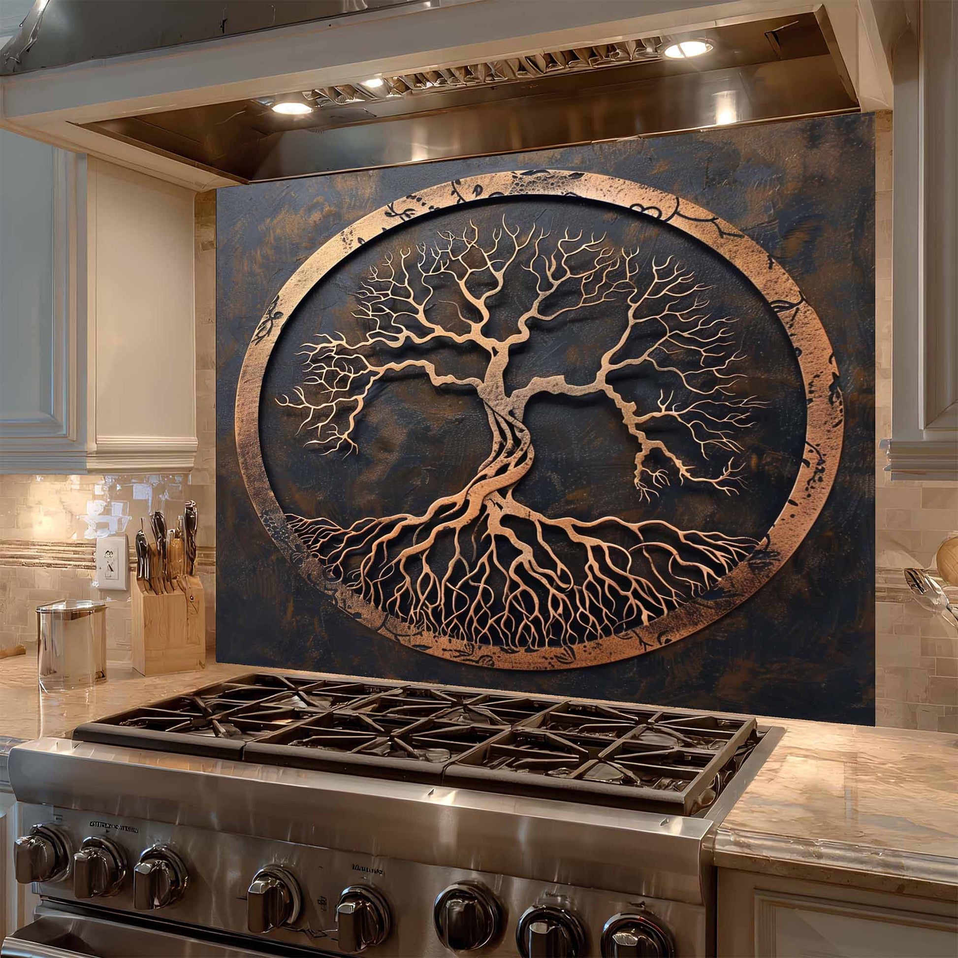 Decorative glass backsplash with tree design above a stove in a kitchen.