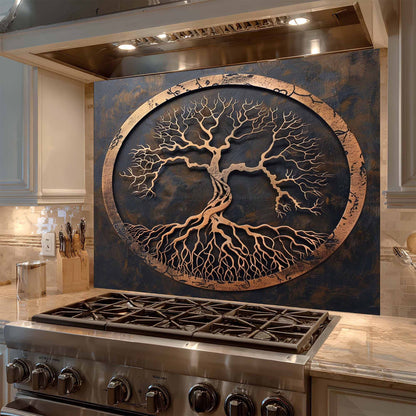 Decorative glass backsplash with tree design above a stove in a kitchen.