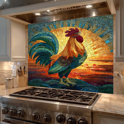 Kitchen with a colorful mosaic rooster backsplash above a stove.