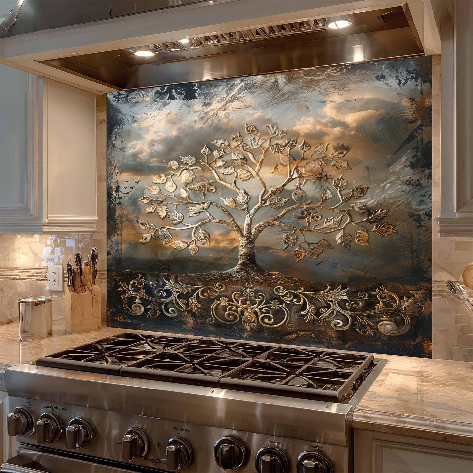 Stainless steel stove with decorative backsplash featuring a tree design in a kitchen setting.