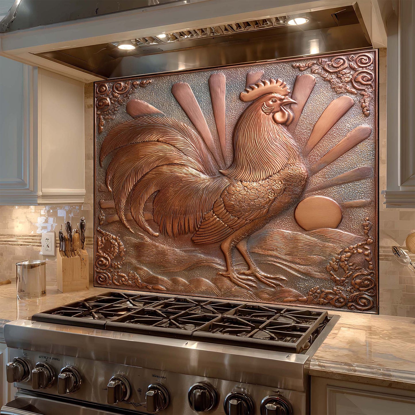Decorative copper look glass backsplash above a stove in a kitchen.