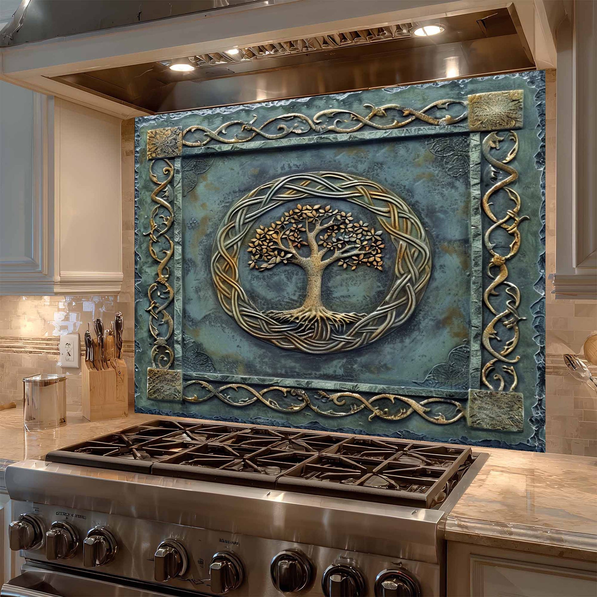 Decorative backsplash with tree design above a stove in a kitchen.