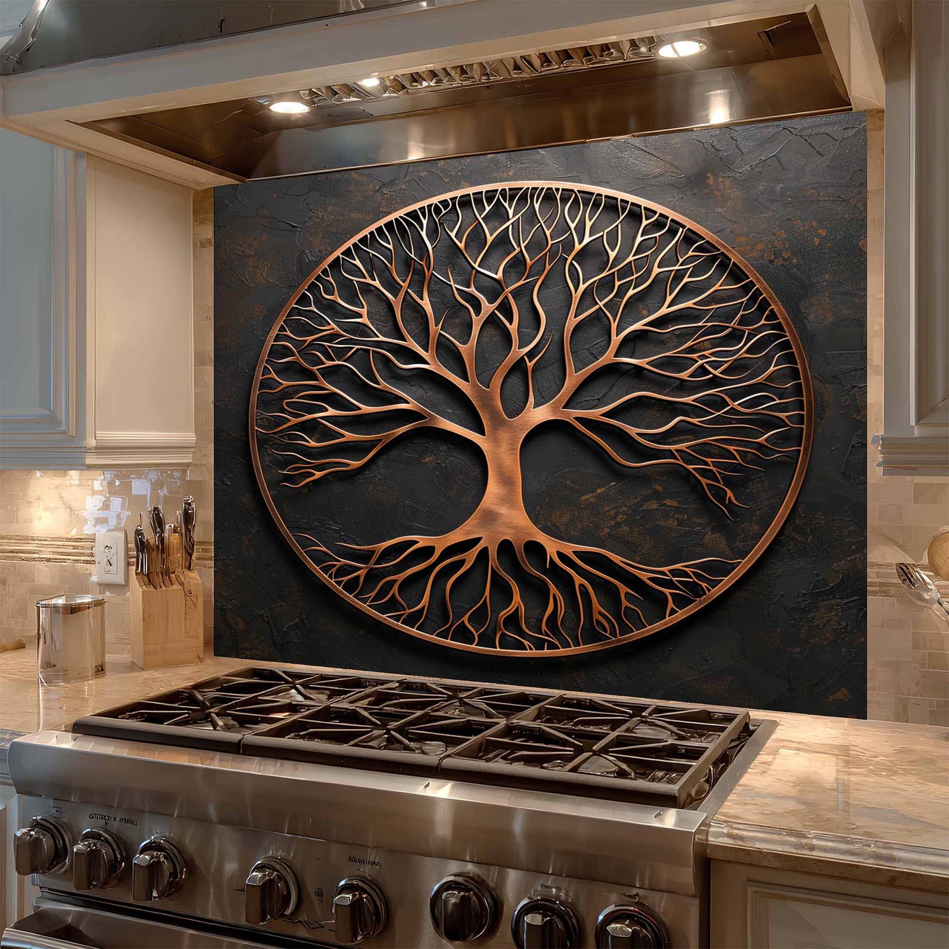 Decorative glass backsplash above a stove in a kitchen.