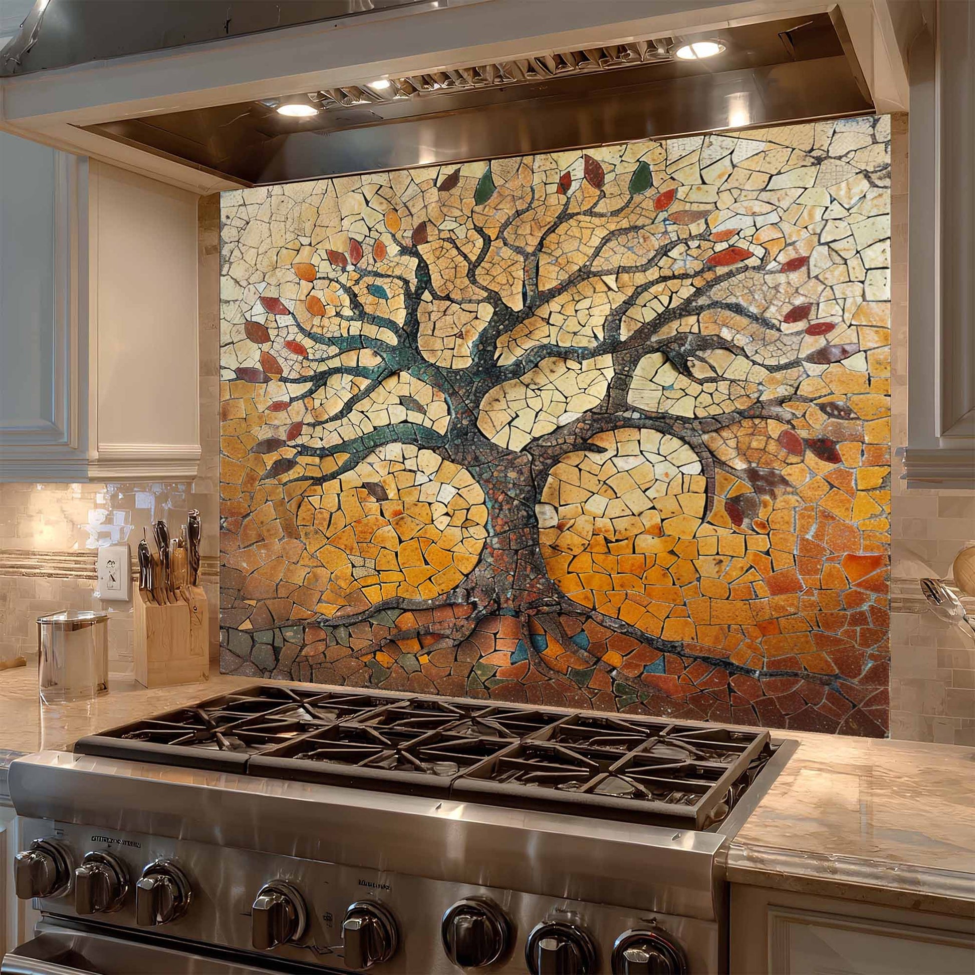 Kitchen stove with a mosaic tree backsplash