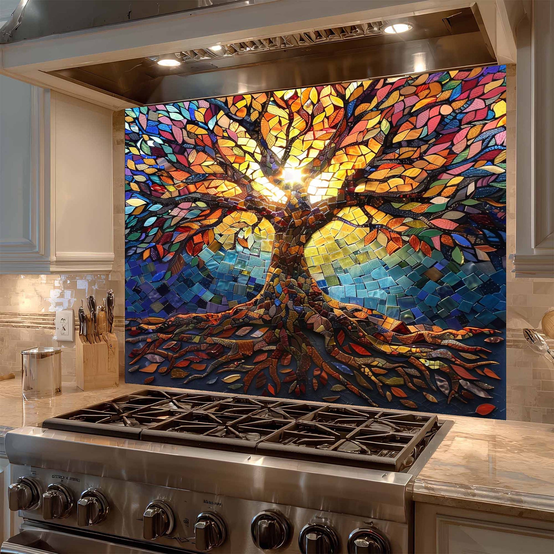 Colorful mosaic tree of life backsplash above a stove in a kitchen.