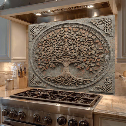 Decorative glass backsplash with tree design above a stove in a kitchen.