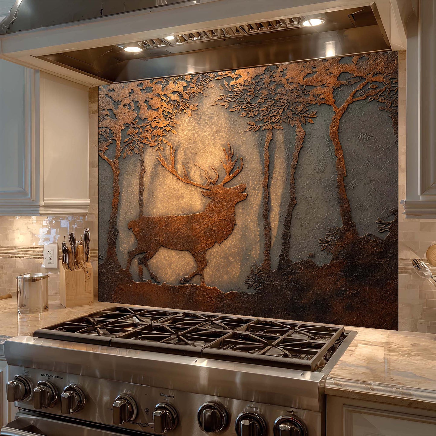 Decorative glass backsplash with a deer design above a stove in a kitchen.