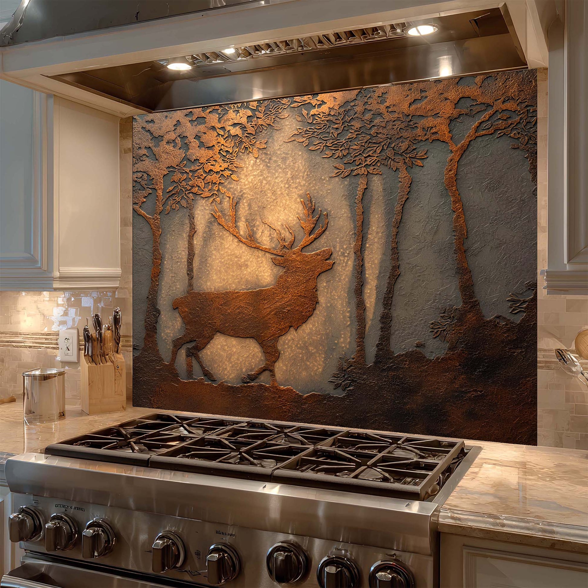 Decorative glass backsplash with a deer design above a stove in a kitchen.